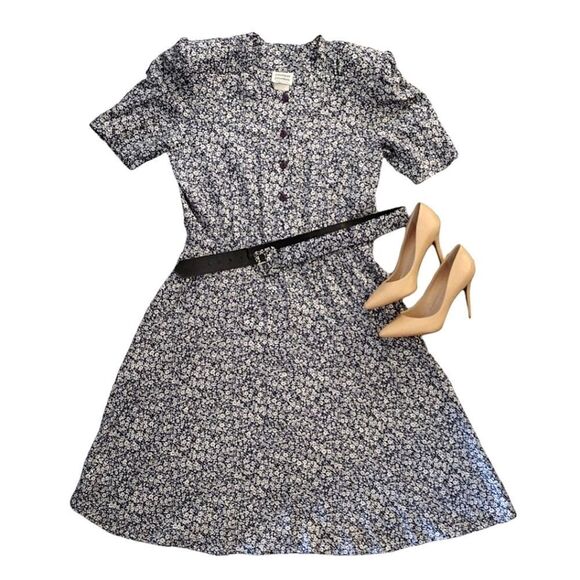 VTG 80s USA Blue White Floral Belted Secretary Midi Dress Size 10/ Medium - Picture 3 of 16